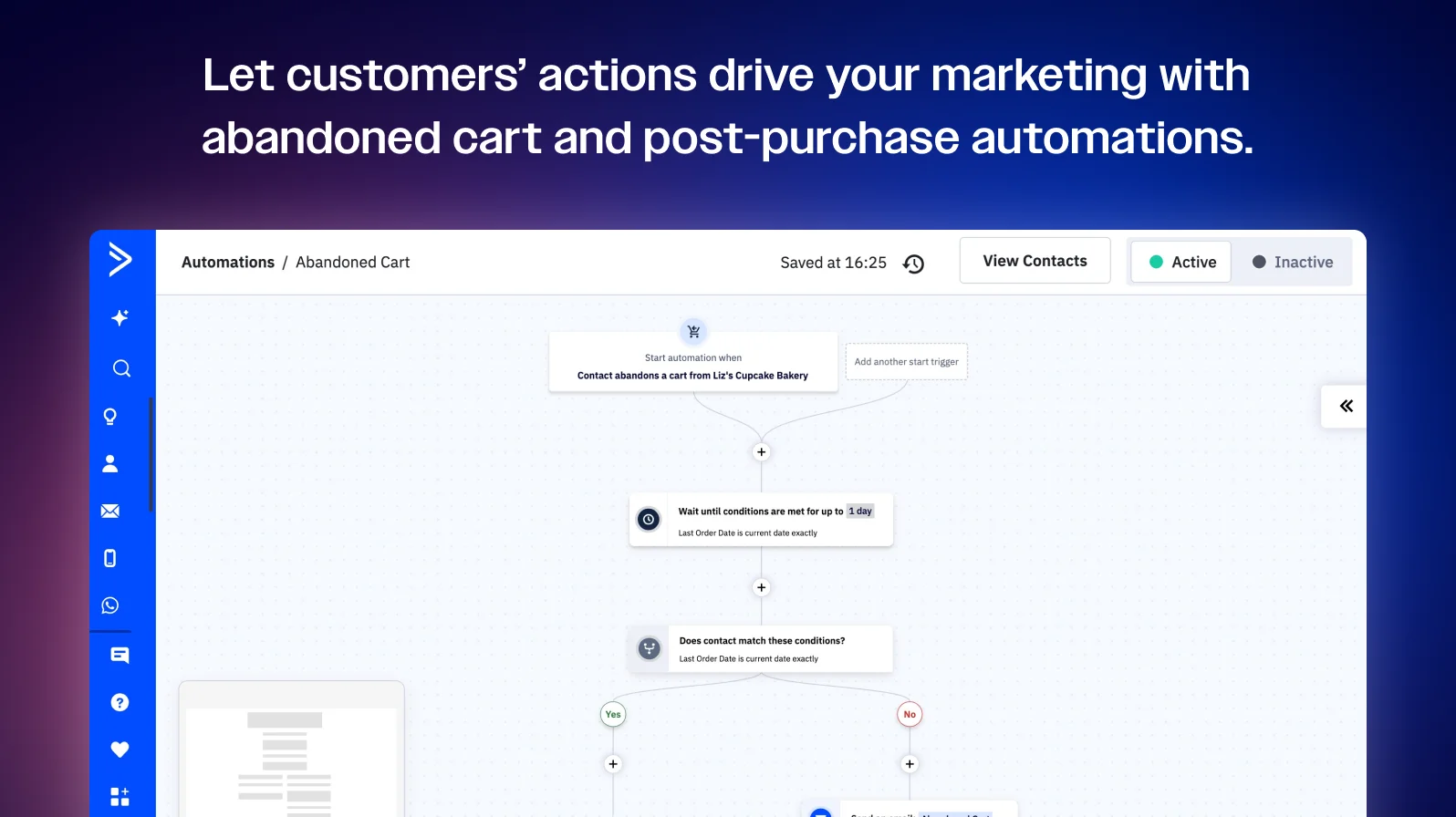 ActiveCampaign automation builder with an abandoned cart workflow