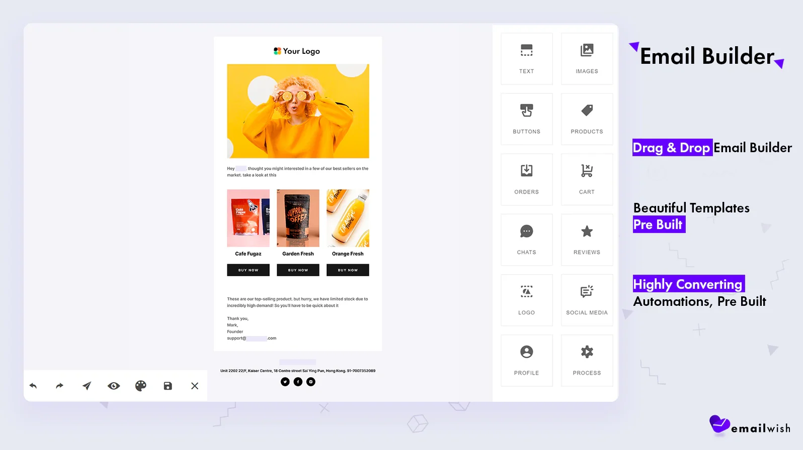 Emailwish drag-and-drop email builder with product blocks
