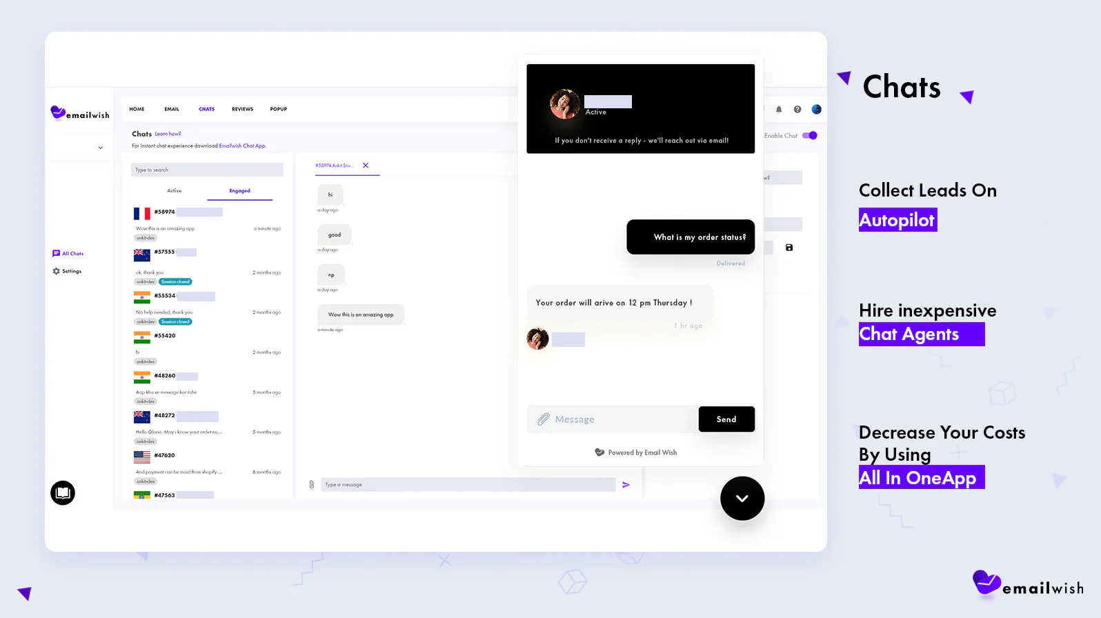 Emailwish live chat inbox inside the same dashboard as email