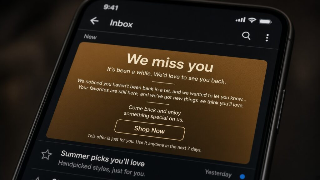 Shopify winback email on a phone screen