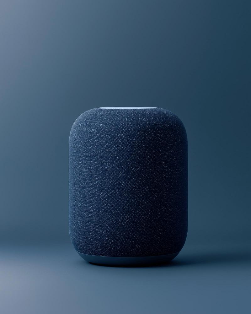 Navy mesh smart speaker with glowing top control