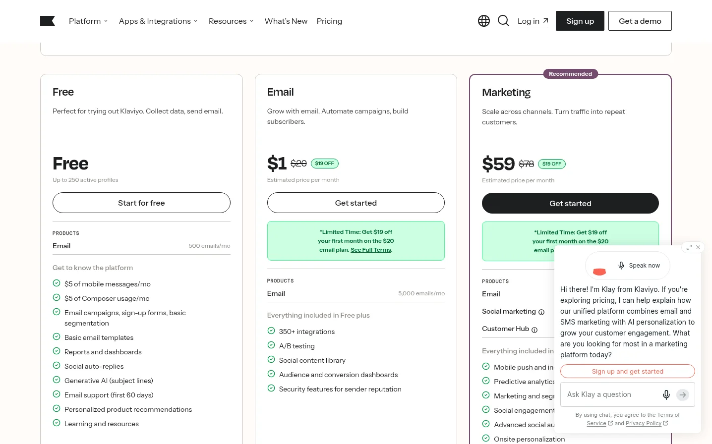 Klaviyo pricing page showing free, email and SMS plans