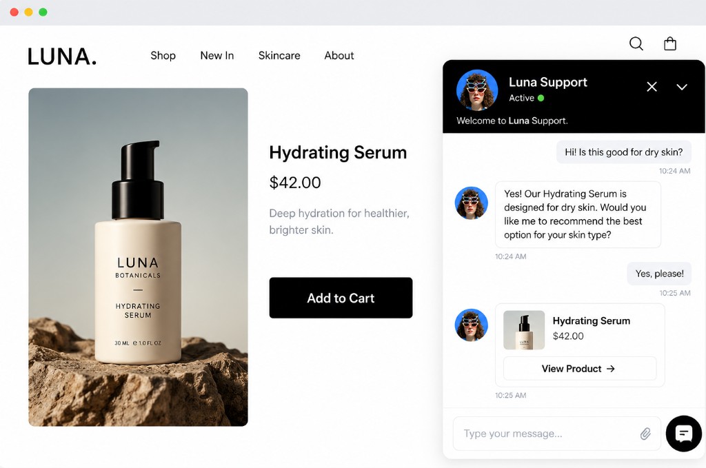 Shopify product page with Emailwish live chat helping a shopper