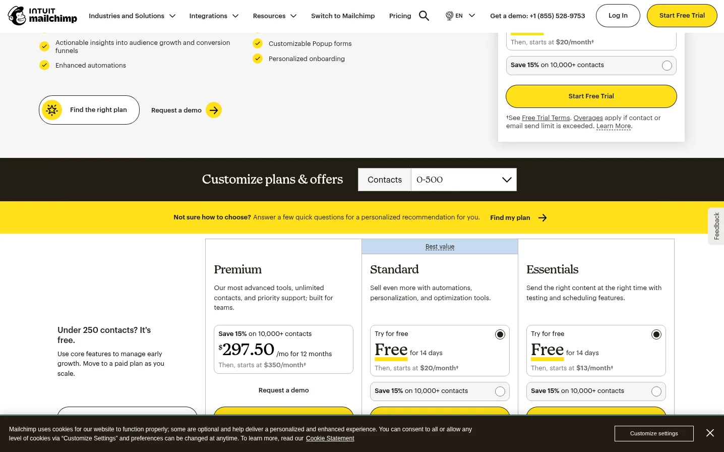Mailchimp pricing page showing Free, Essentials, Standard and Premium plans