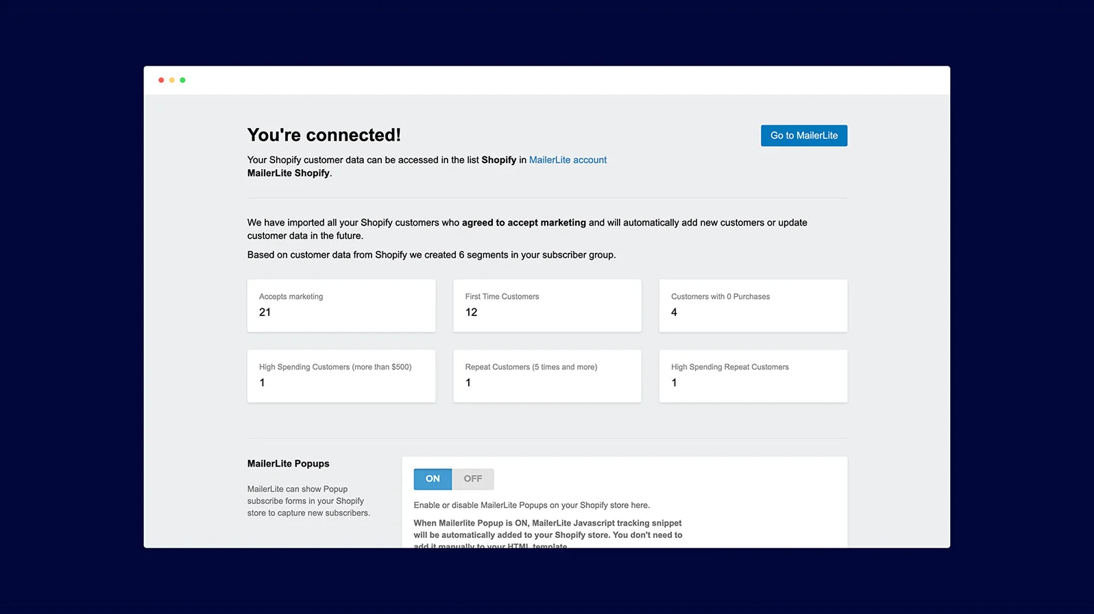 MailerLite Shopify integration settings screen