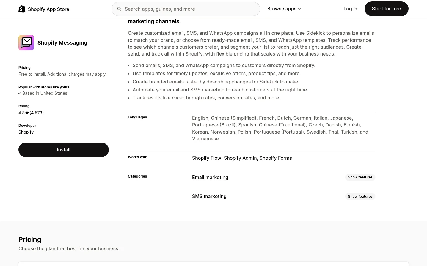 Shopify Email Marketing listing on the Shopify App Store