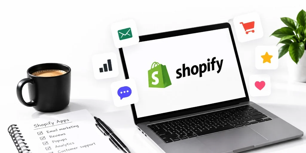 Best Shopify apps: a laptop showing the Shopify logo surrounded by email, analytics, chat, cart, review and wishlist app icons, next to a notebook checklist of Shopify apps