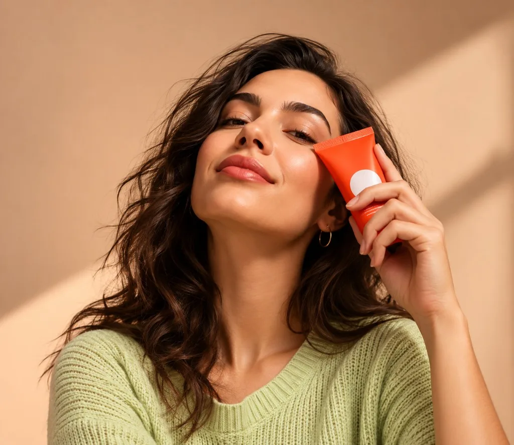 Smiling woman holding an orange skincare tube to her cheek
