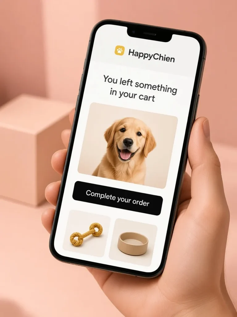 HappyChien abandoned cart reminder email on a phone: You left something in your cart