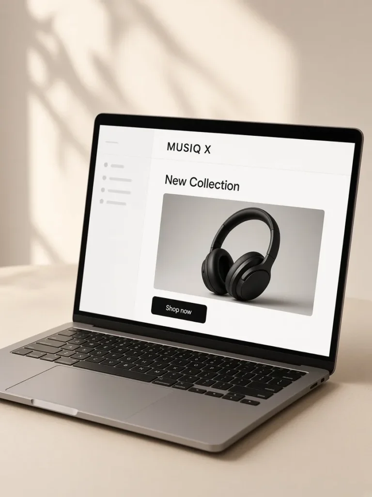 Musiq X new collection email with headphones, open on a laptop