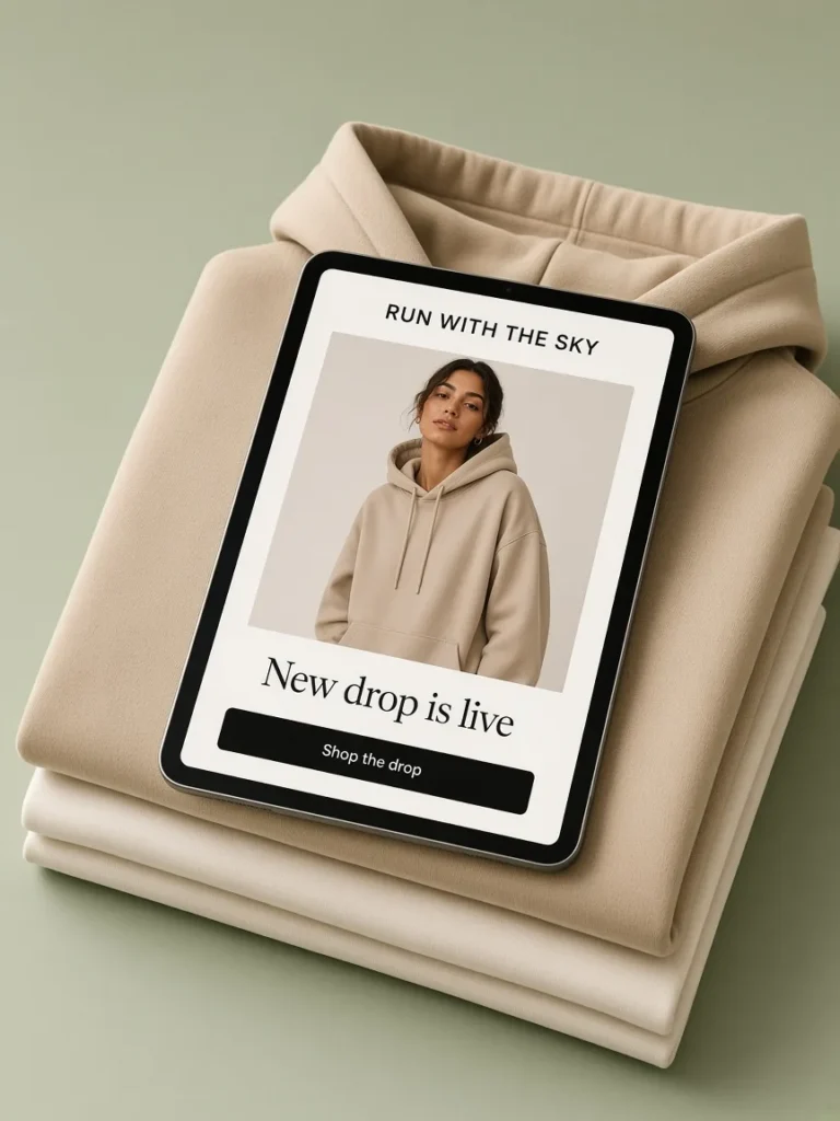 Run With The Sky new drop email on a tablet resting on folded hoodies