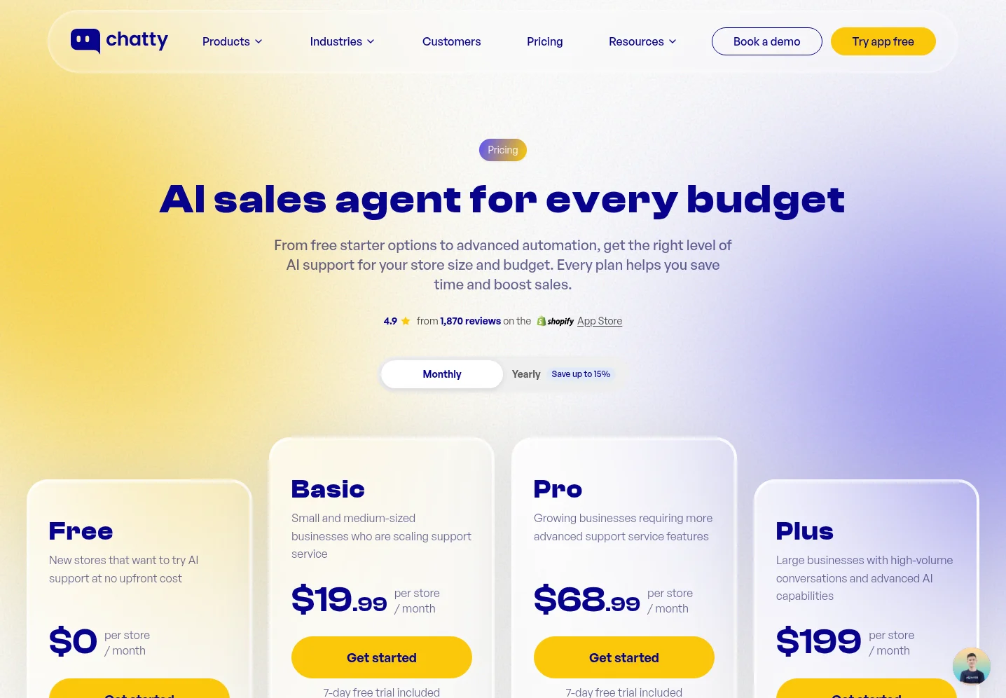 Chatty pricing page showing Free $0, Basic $19.99, Pro $68.99 and Plus $199 per store per month