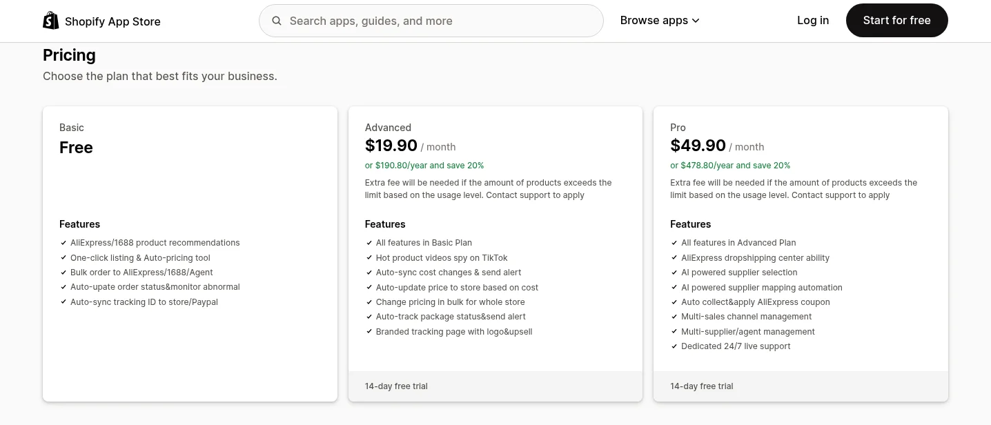 DSers pricing on the Shopify App Store: Basic, Advanced and Pro plans