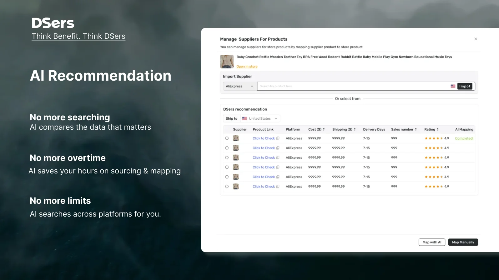 DSers supplier and product list in the app dashboard