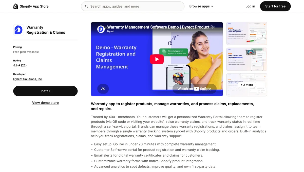 Dyrect Warranty Registration & Claims app listing on the Shopify App Store