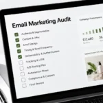 Ecommerce email marketing audit checklist open on a laptop next to a coffee mug and a Next Campaign notebook