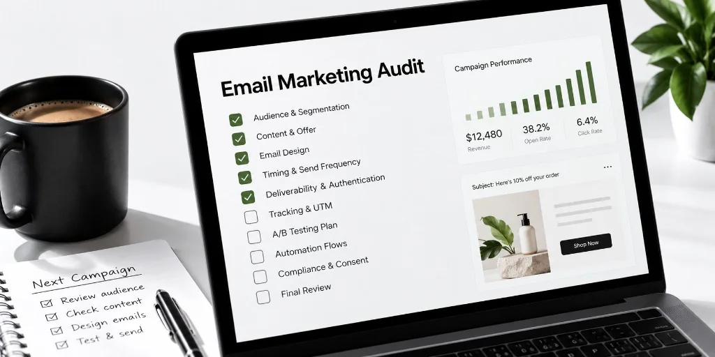 Ecommerce email marketing audit checklist open on a laptop next to a coffee mug and a Next Campaign notebook