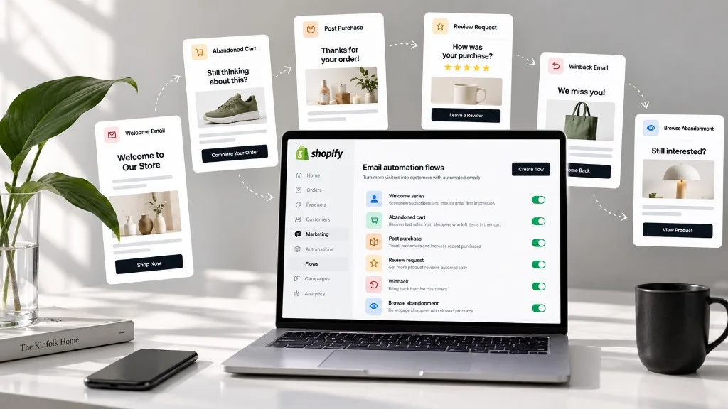 Email automation flows for ecommerce: a Shopify admin with welcome series, abandoned cart, post purchase, review request, winback and browse abandonment flows switched on, and the matching emails floating above the laptop