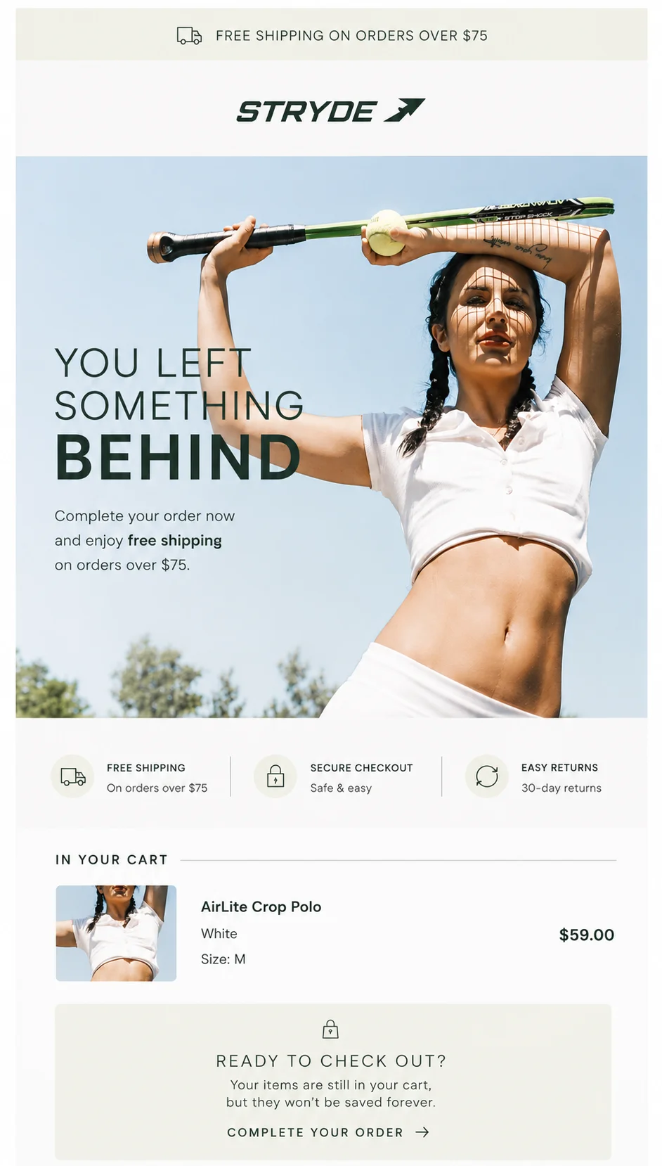 Abandoned cart email built automatically by Emailwish showing the cart item and a return-to-checkout button