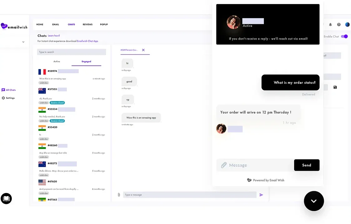 Emailwish chat inbox listing conversations next to the storefront chat widget answering an order-status question