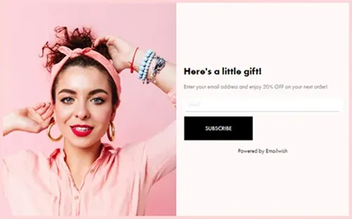 Emailwish signup popup offering 20% off the next order in exchange for an email address