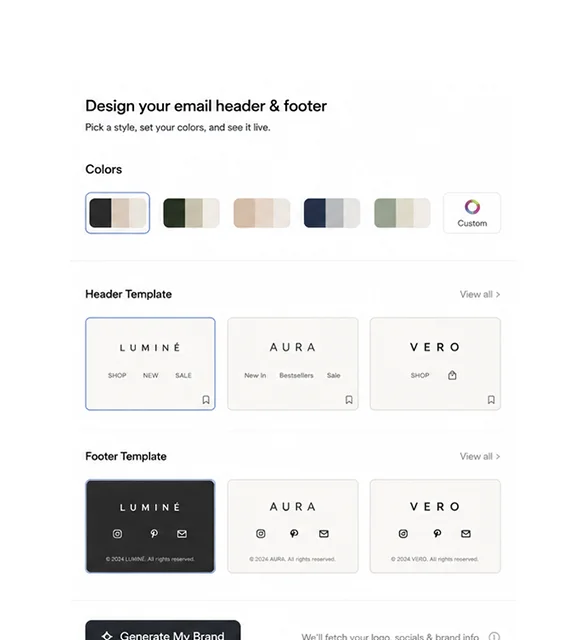 Emailwish header and footer designer with brand colours and template choices