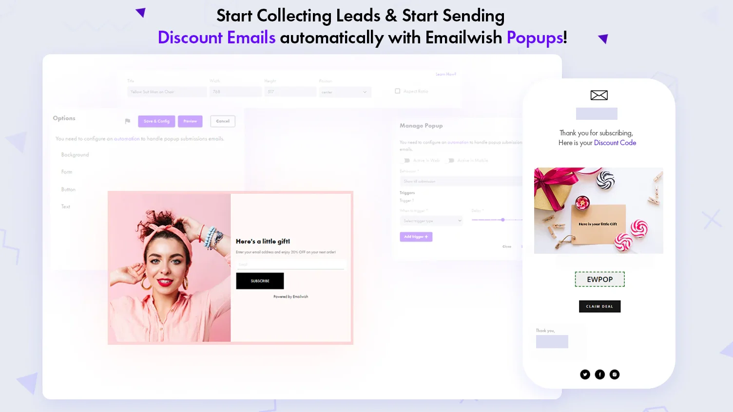 Emailwish popup builder with a discount signup popup, next to the discount-code email a new subscriber receives