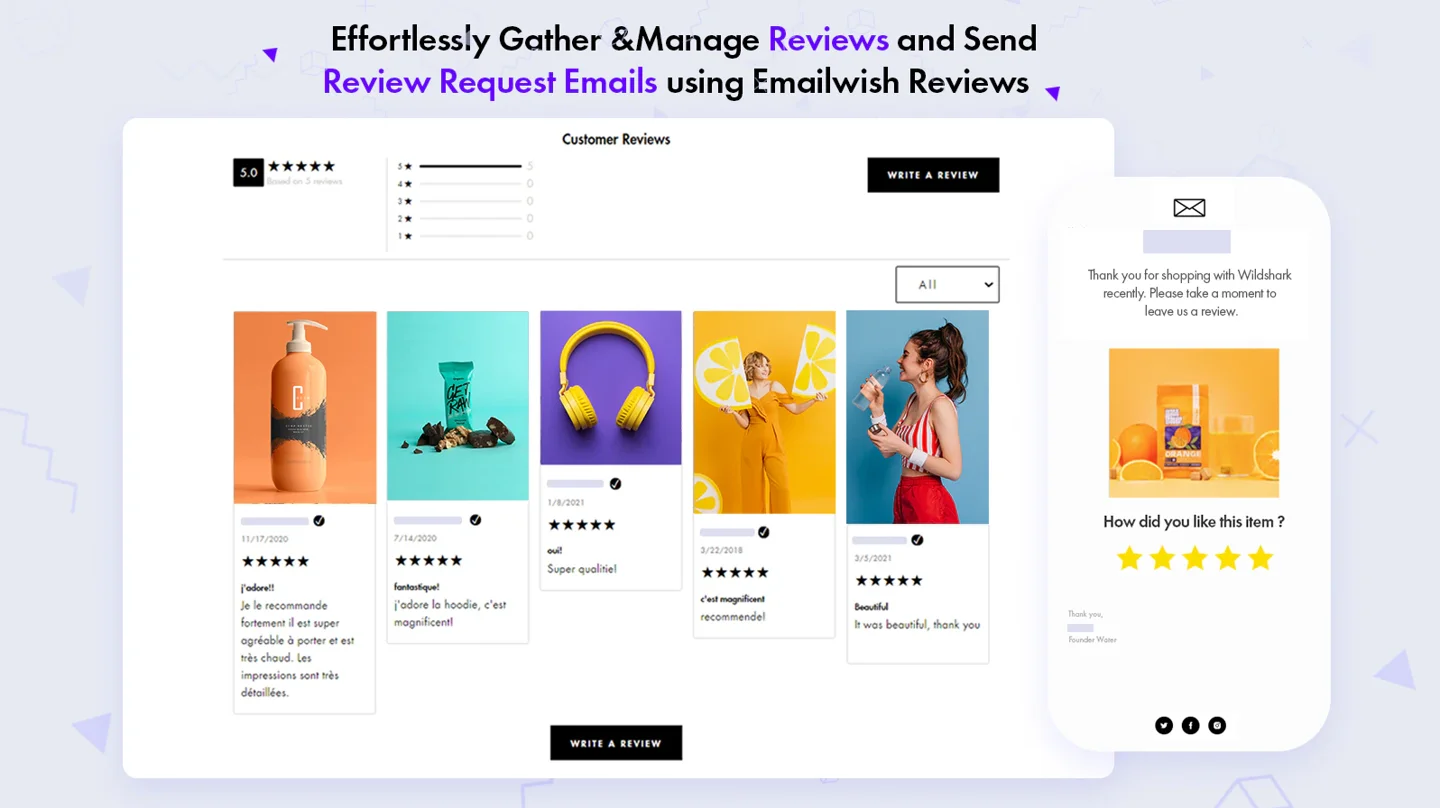 Emailwish product-page review wall and review request email