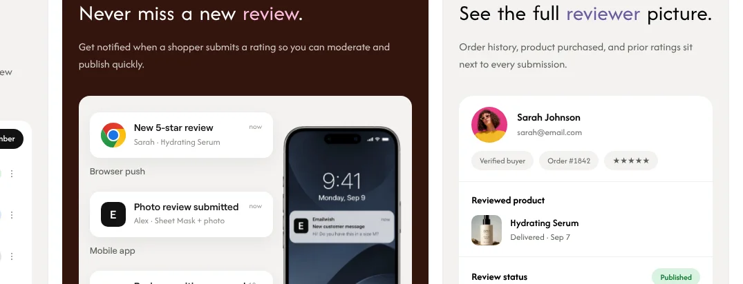 Emailwish new-review notifications next to a reviewer profile showing verified buyer, order number, reviewed product and review status