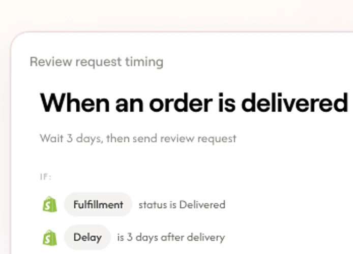 Emailwish review request timing rule: fulfillment status is Delivered, wait 3 days, then send the review request