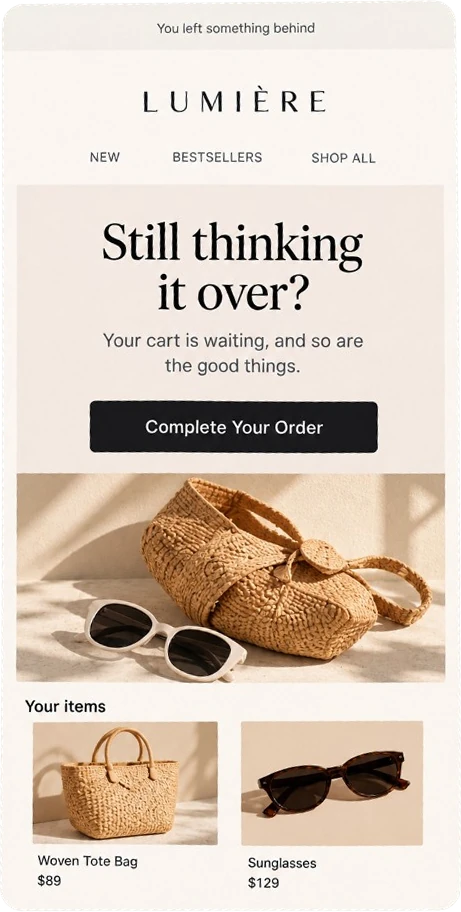 Abandoned cart email from the Lumiere store: "Still thinking it over?" with the items left in the cart