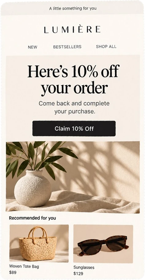Cart recovery email from the Lumiere store: "Here's 10% off your order" with recommended products