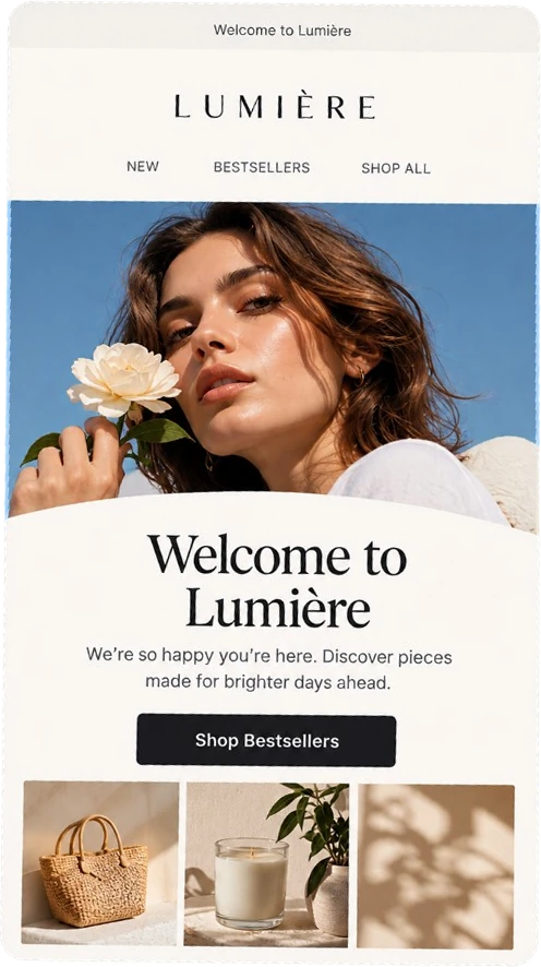 Welcome email from the Lumiere store: "Welcome to Lumiere" with a Shop Bestsellers button