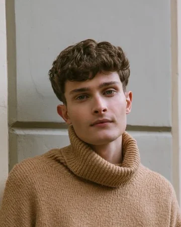 Man in a camel turtleneck sweater leaning on a doorway