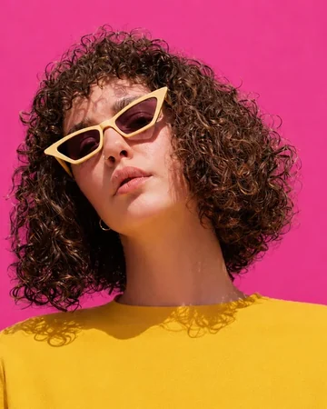 Woman in yellow cat-eye sunglasses against a pink wall