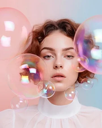 Woman surrounded by soap bubbles on a pastel background
