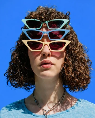 Woman wearing three pairs of cat-eye sunglasses against a blue wall
