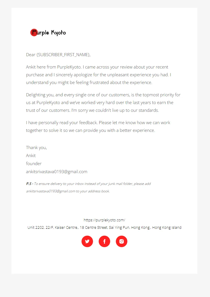 Apology email from the Purple Kyoto founder to a customer who left a negative review, asking how to make it right