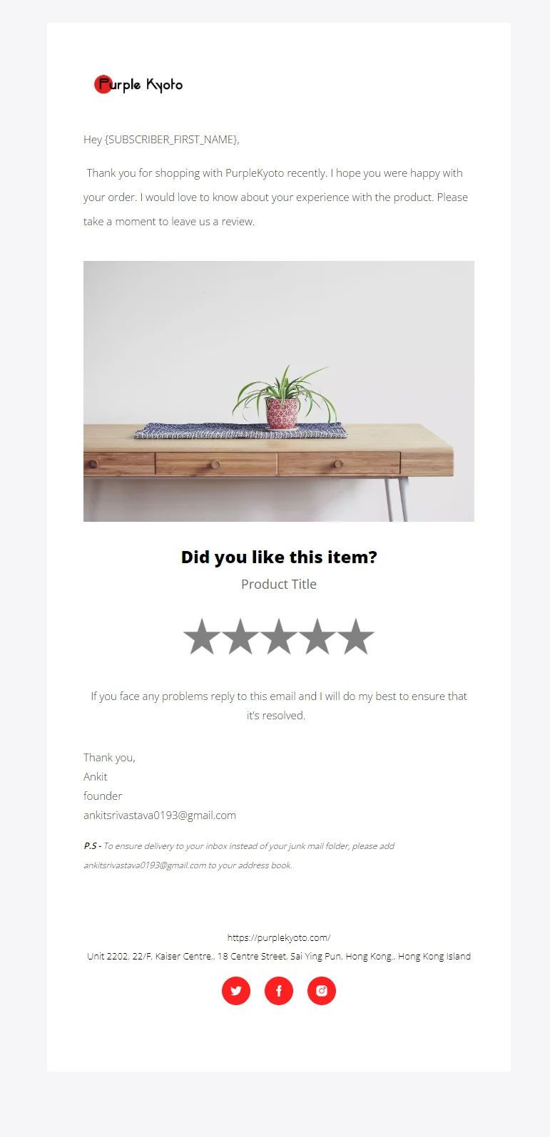First review request email from Purple Kyoto asking Did you like this item? with a product photo and a 5-star rating