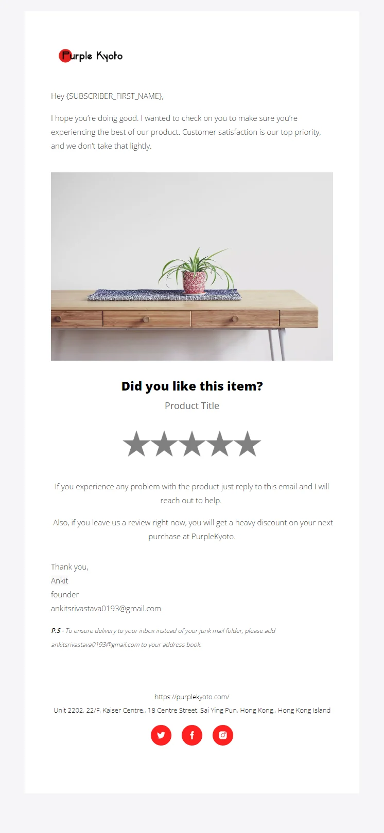 Second review request email reminding the customer to rate their purchase with a product photo and stars
