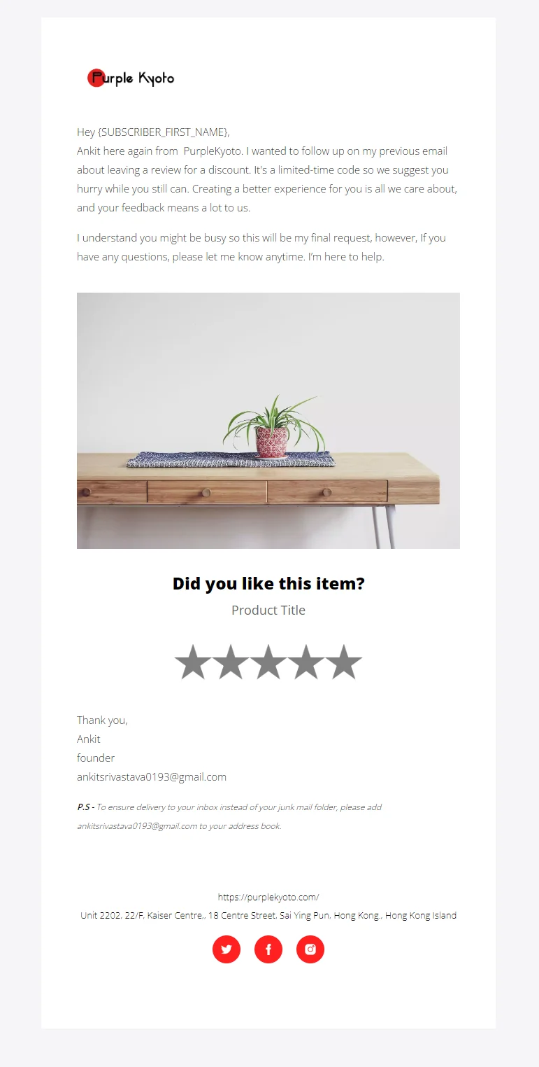 Final review request email asking Are you enjoying our product? with a product photo and star rating