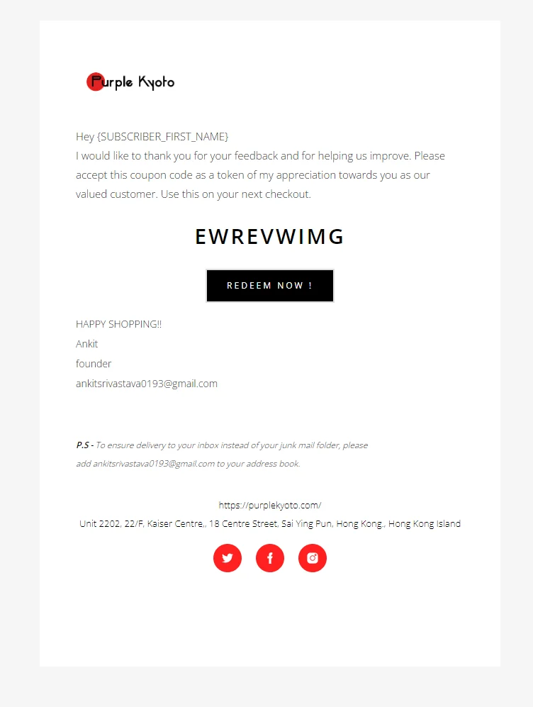 Thank-you email for leaving a review with coupon code EWREVWIMG and a Redeem Now button