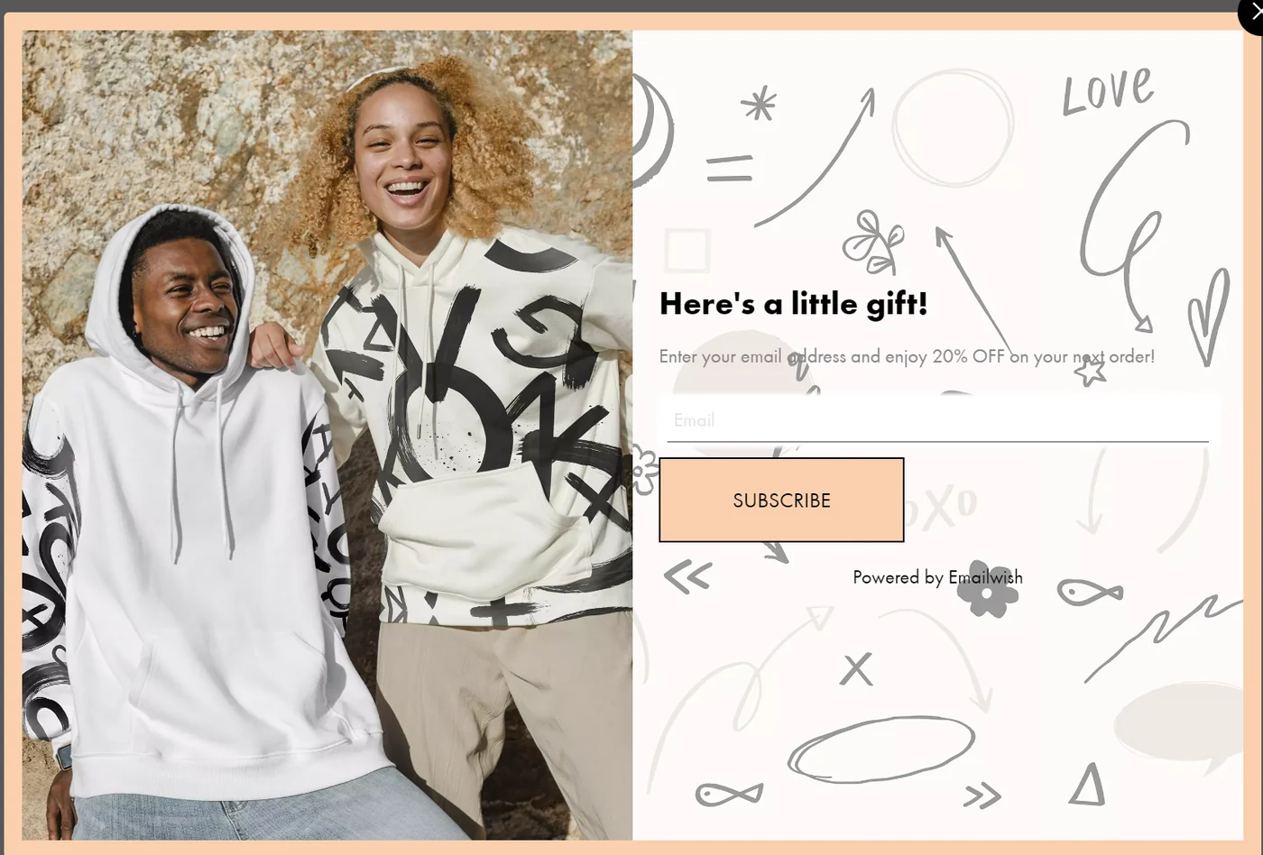 Email signup popup saying Here's a little gift with 20% off the next order, an email field and a Subscribe button
