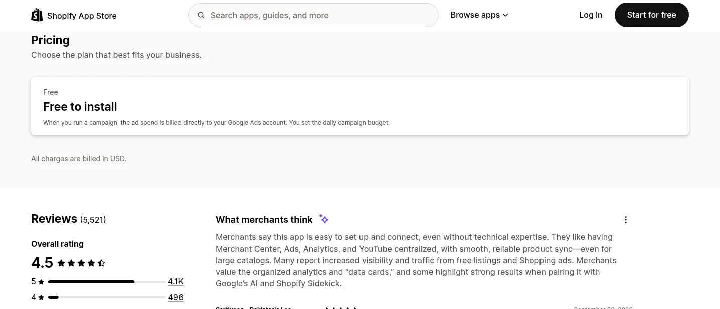 Google & YouTube pricing on the Shopify App Store: free to install, ad spend billed by Google
