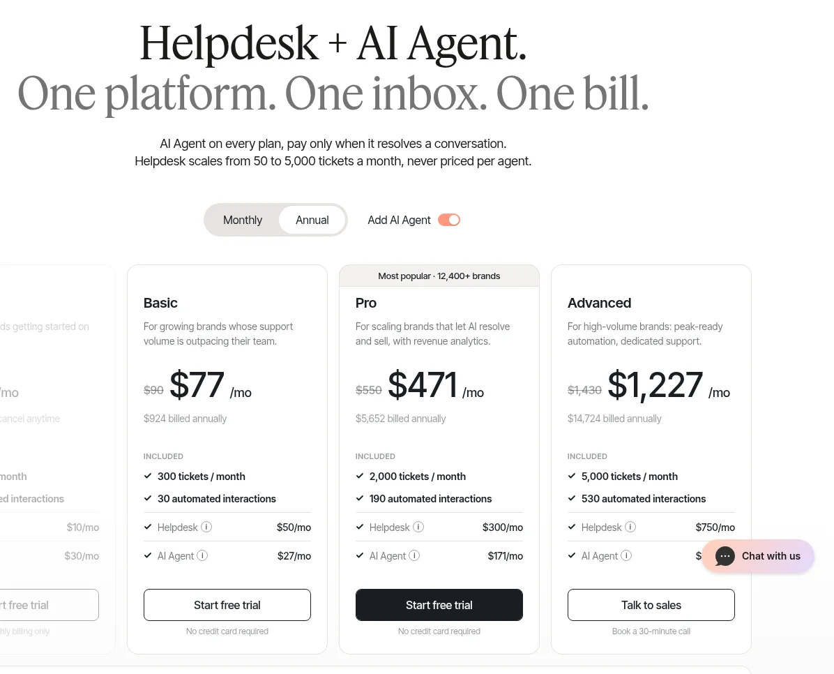 Gorgias pricing page with the AI Agent add-on turned on: Basic $77, Pro $471 and Advanced $1,227 per month billed annually