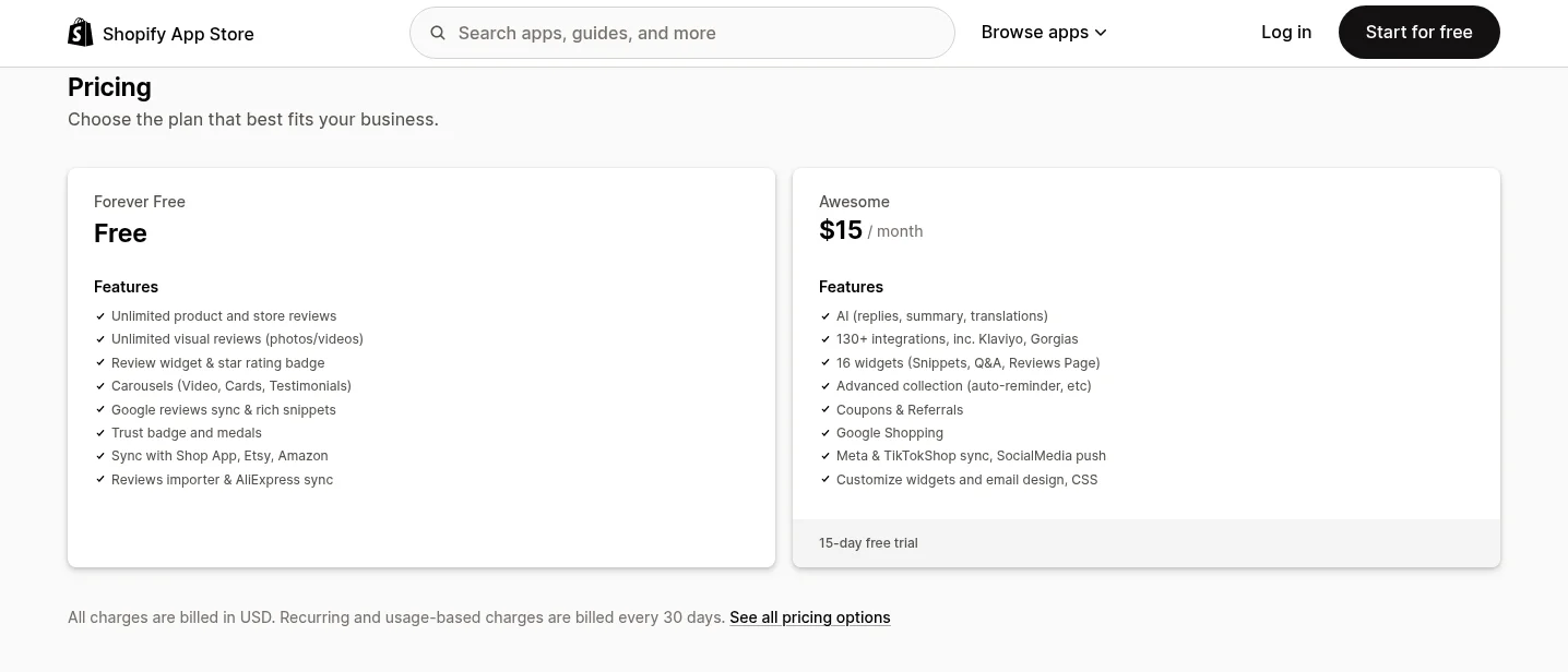 Judge.me pricing on the Shopify App Store: Forever Free and Awesome plans