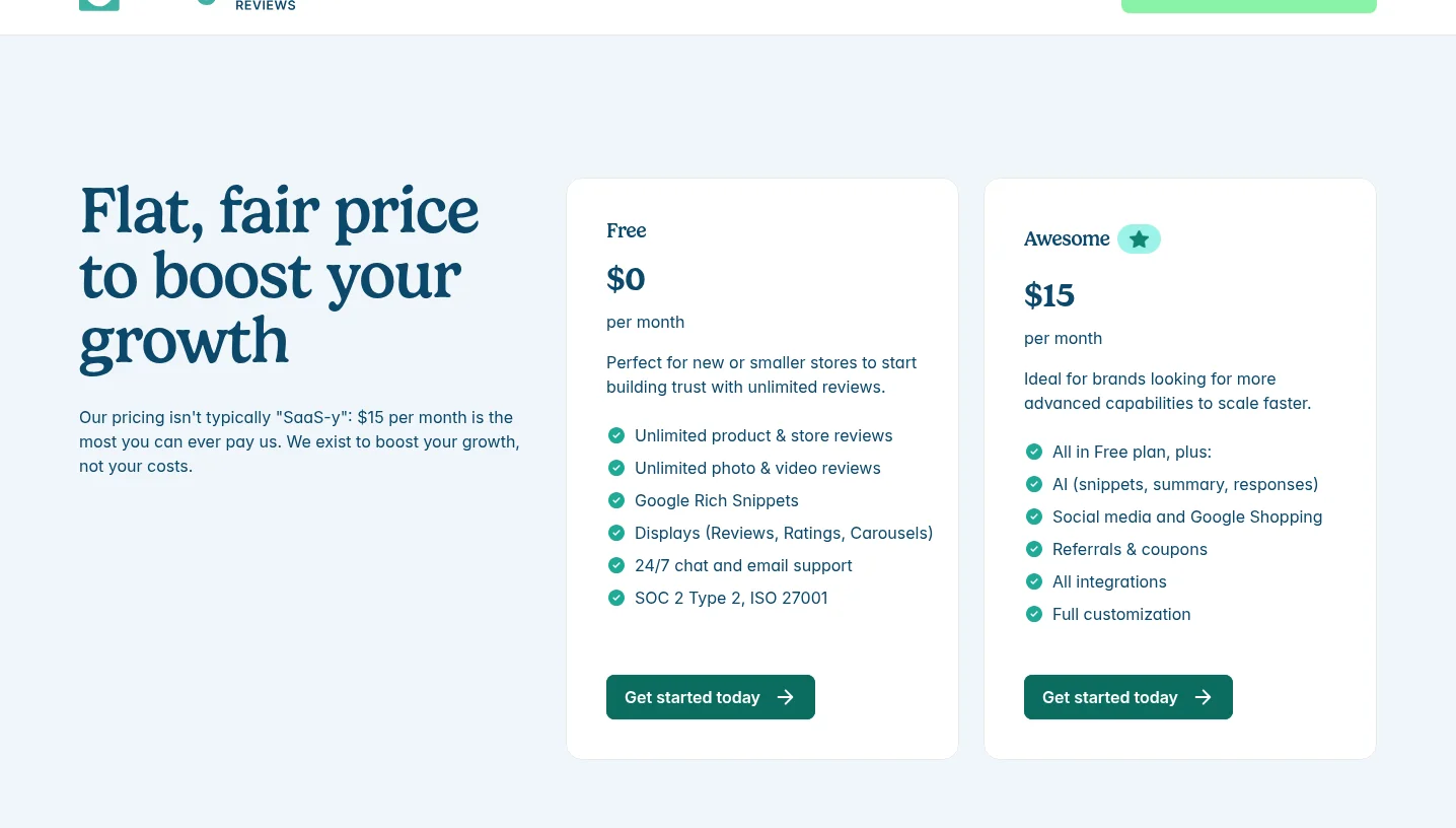 Judge.me pricing page showing the Free plan and the $15 Awesome plan