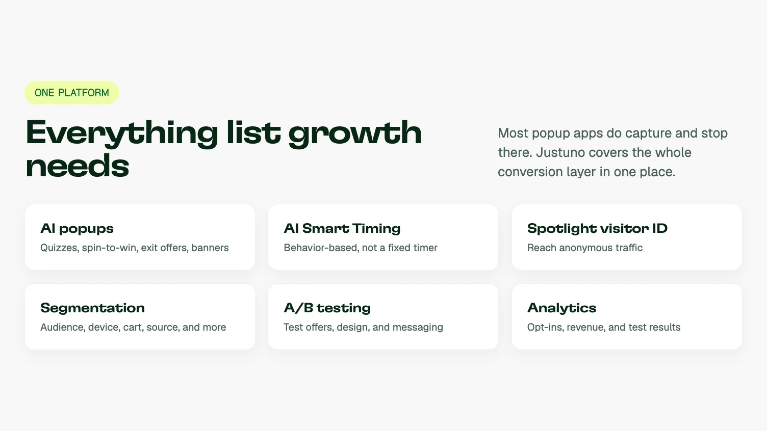 Justuno features: AI popups, AI Smart Timing, Spotlight visitor ID, segmentation, A/B testing and analytics