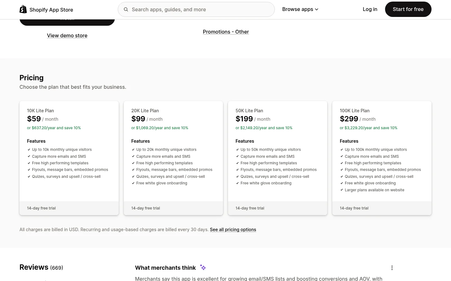 Justuno's Shopify App Store pricing: Lite plans from $59 to $299 per month by monthly visitors