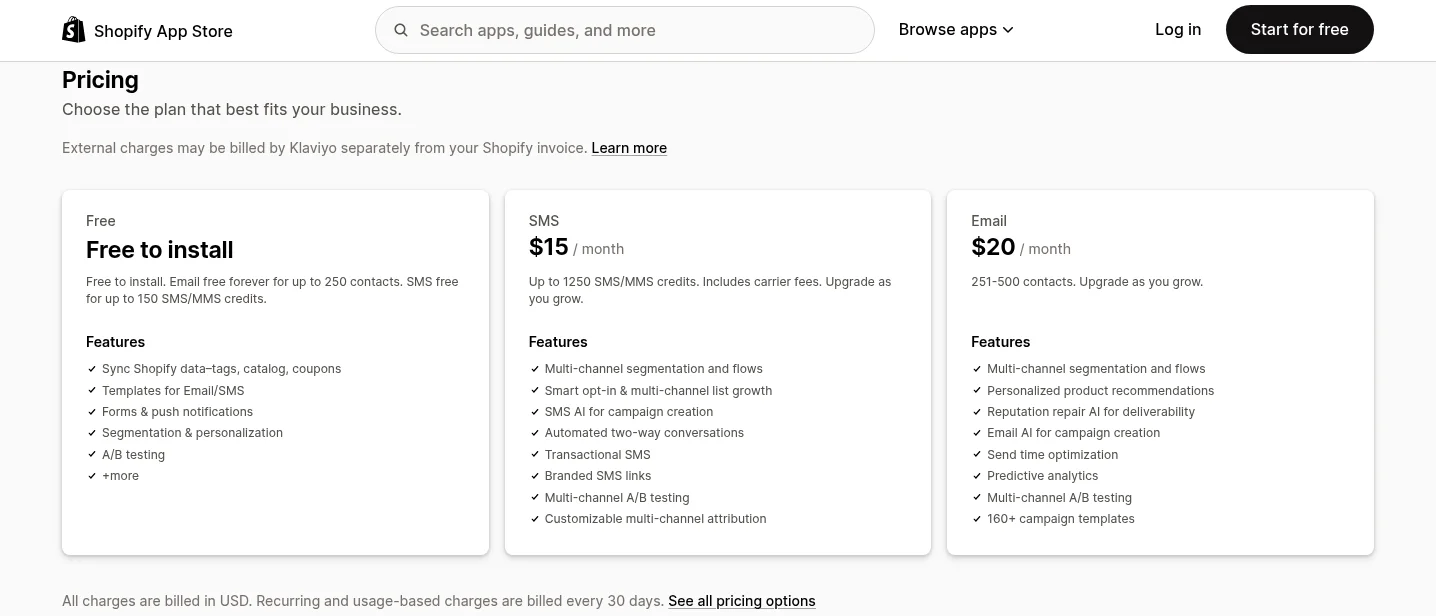Klaviyo pricing on the Shopify App Store: free, SMS and email plans